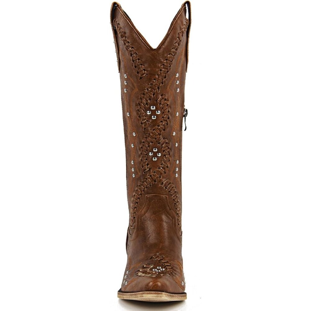 Women's Brown Leather Embroidery Knee High Western Cowgirl Boots Lightweight - Picture 4 of 6